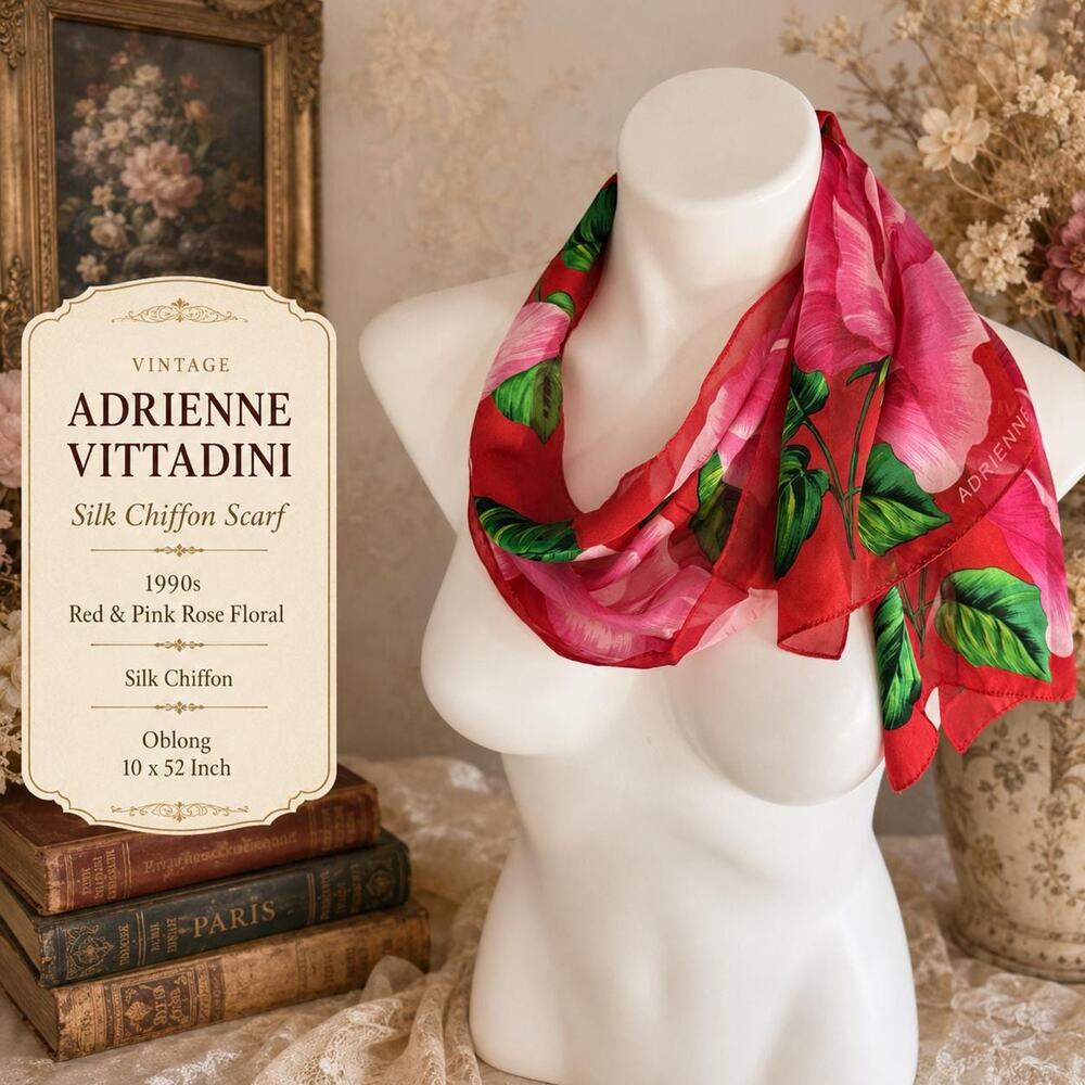 Vintage Adrienne Vittadini Silk Chiffon Scarf 1990s Rink Red Rose Floral 10x52